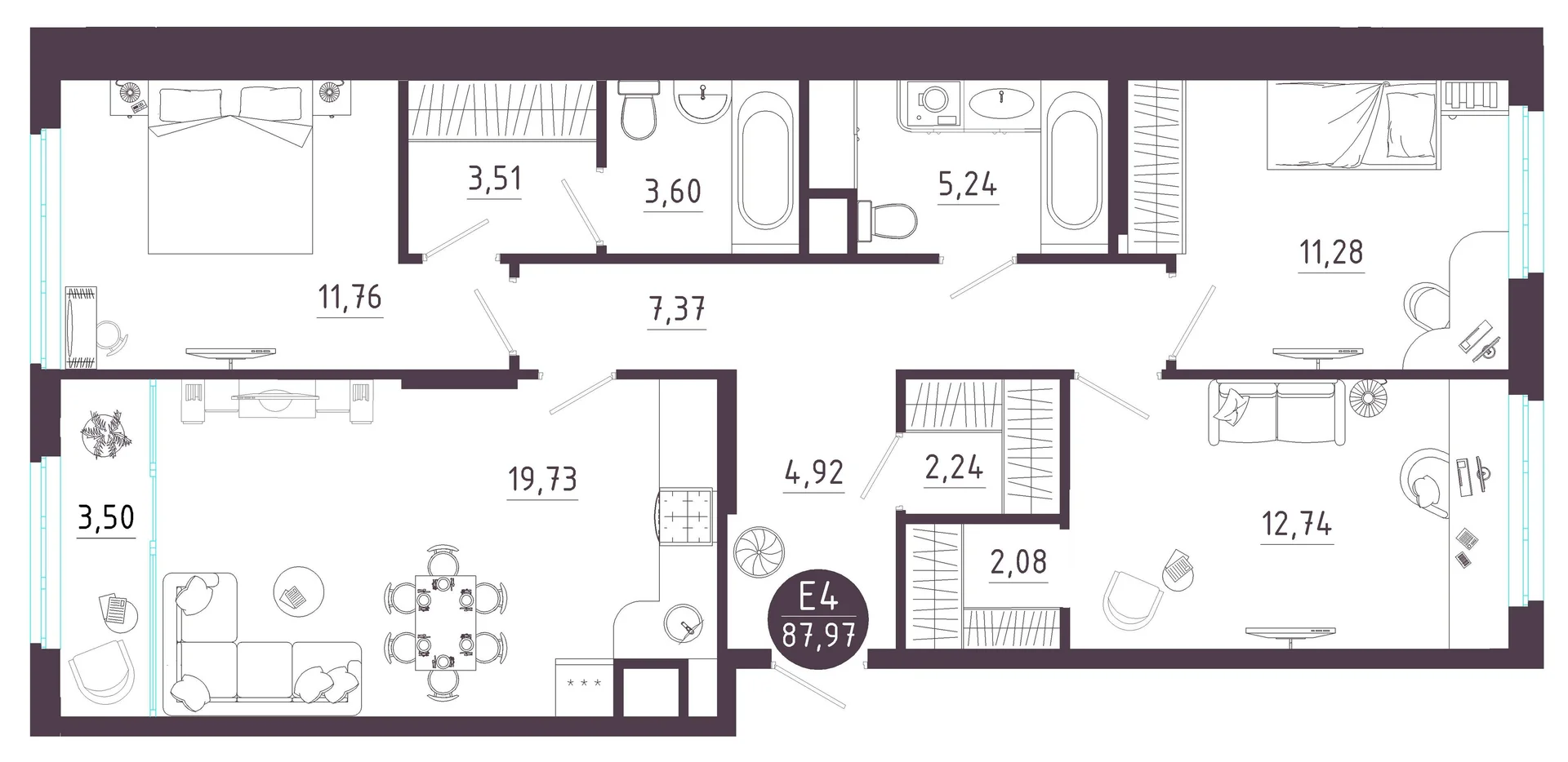 Планировка Квартира с тремя спальнями и гостиной 23 м² (Евро-4)