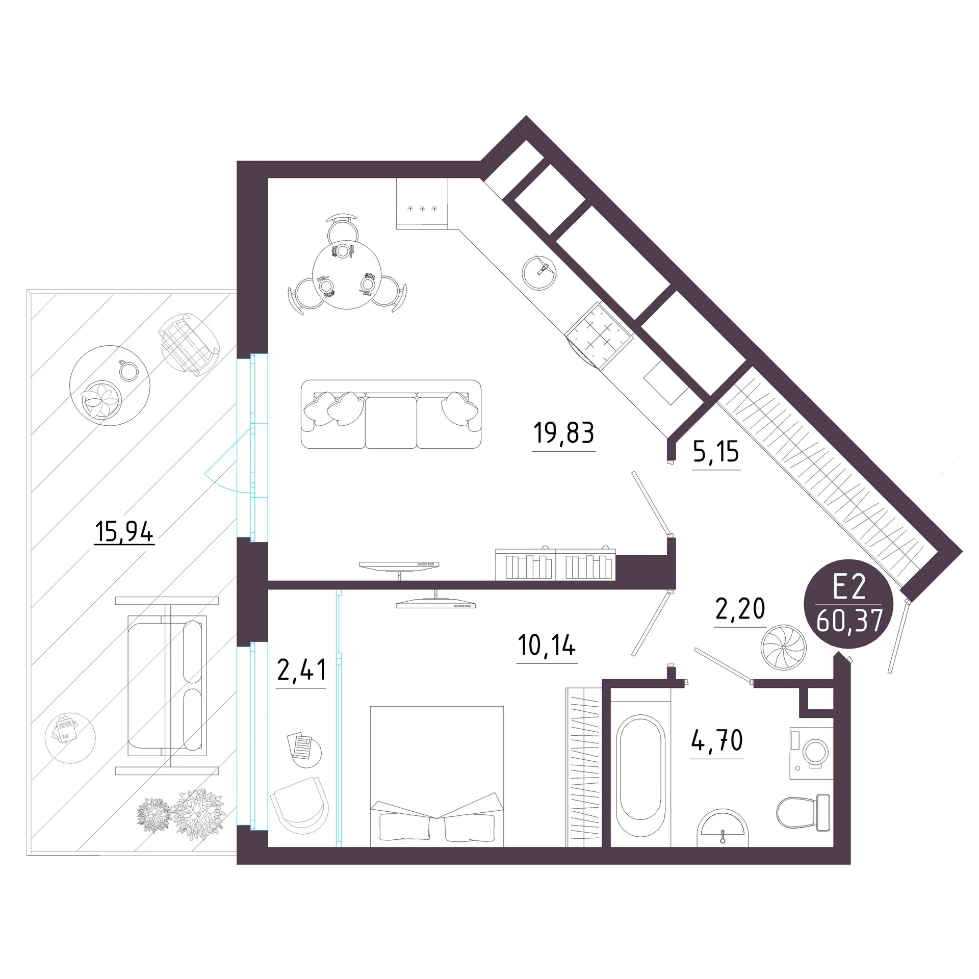 Планировка Квартира с одной спальней и гостиной 20 м² (Евро-2)