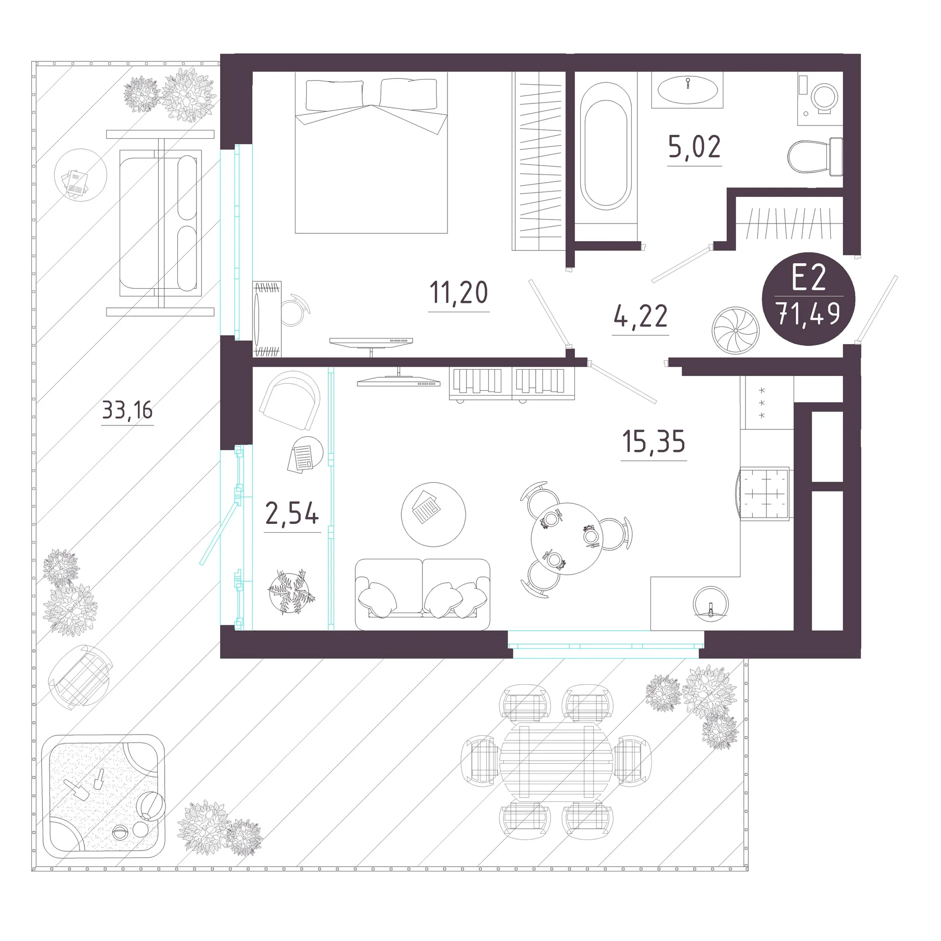 Планировка Квартира с одной спальней и гостиной 18 м² (Евро-2)