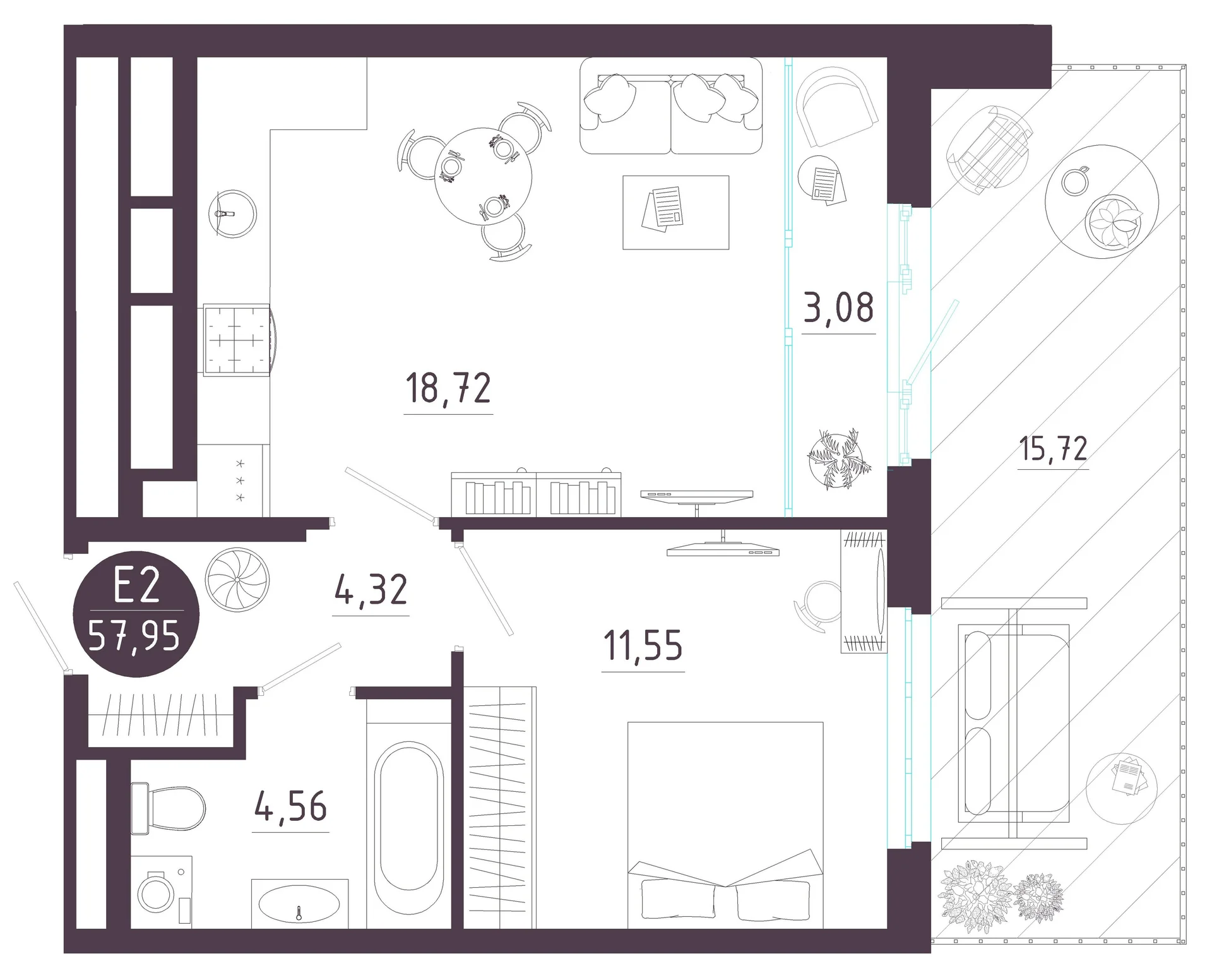 Планировка Квартира с одной спальней и гостиной 22 м² (Евро-2)