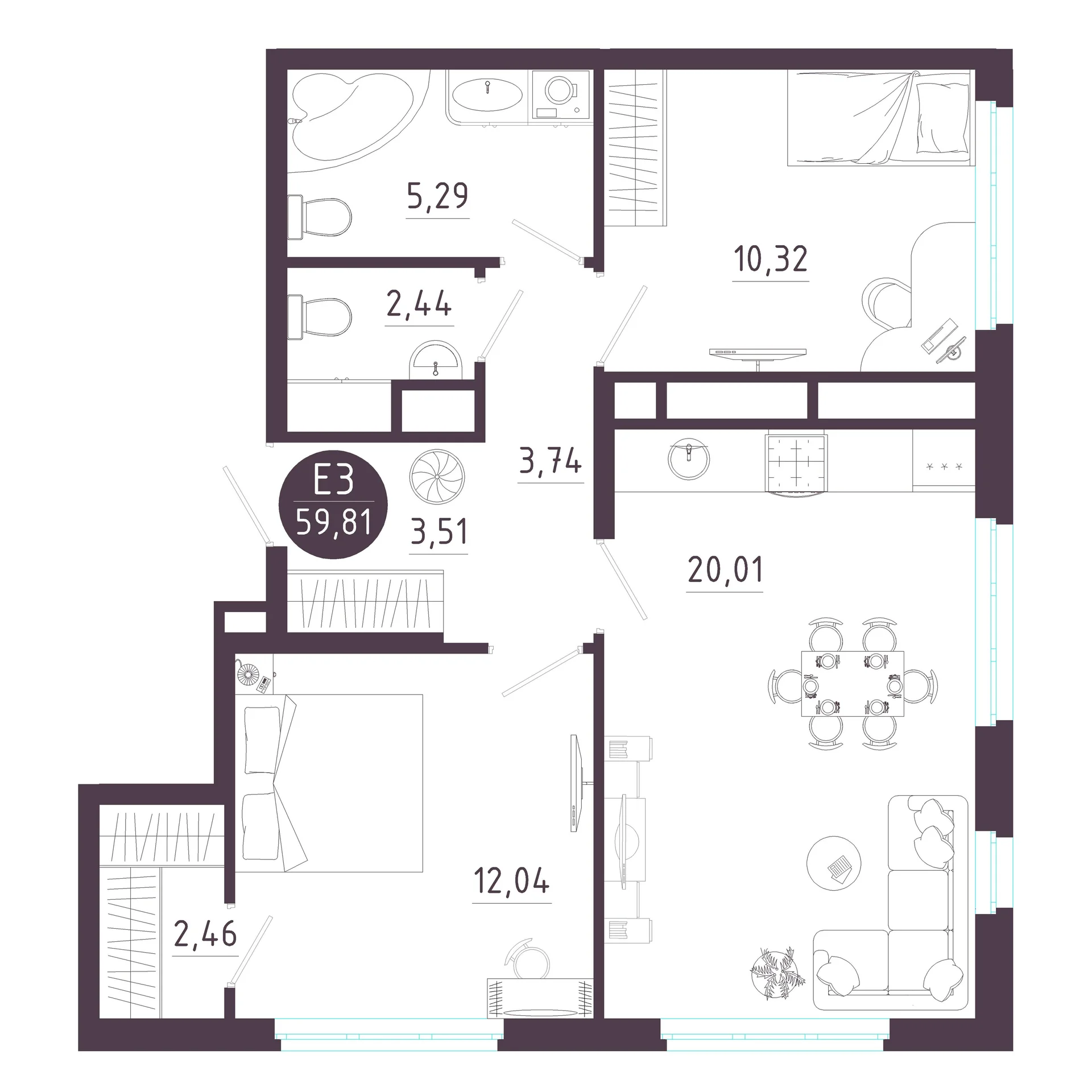 Планировка Квартира с двумя спальнями и гостиной 20 м² (Евро-3)