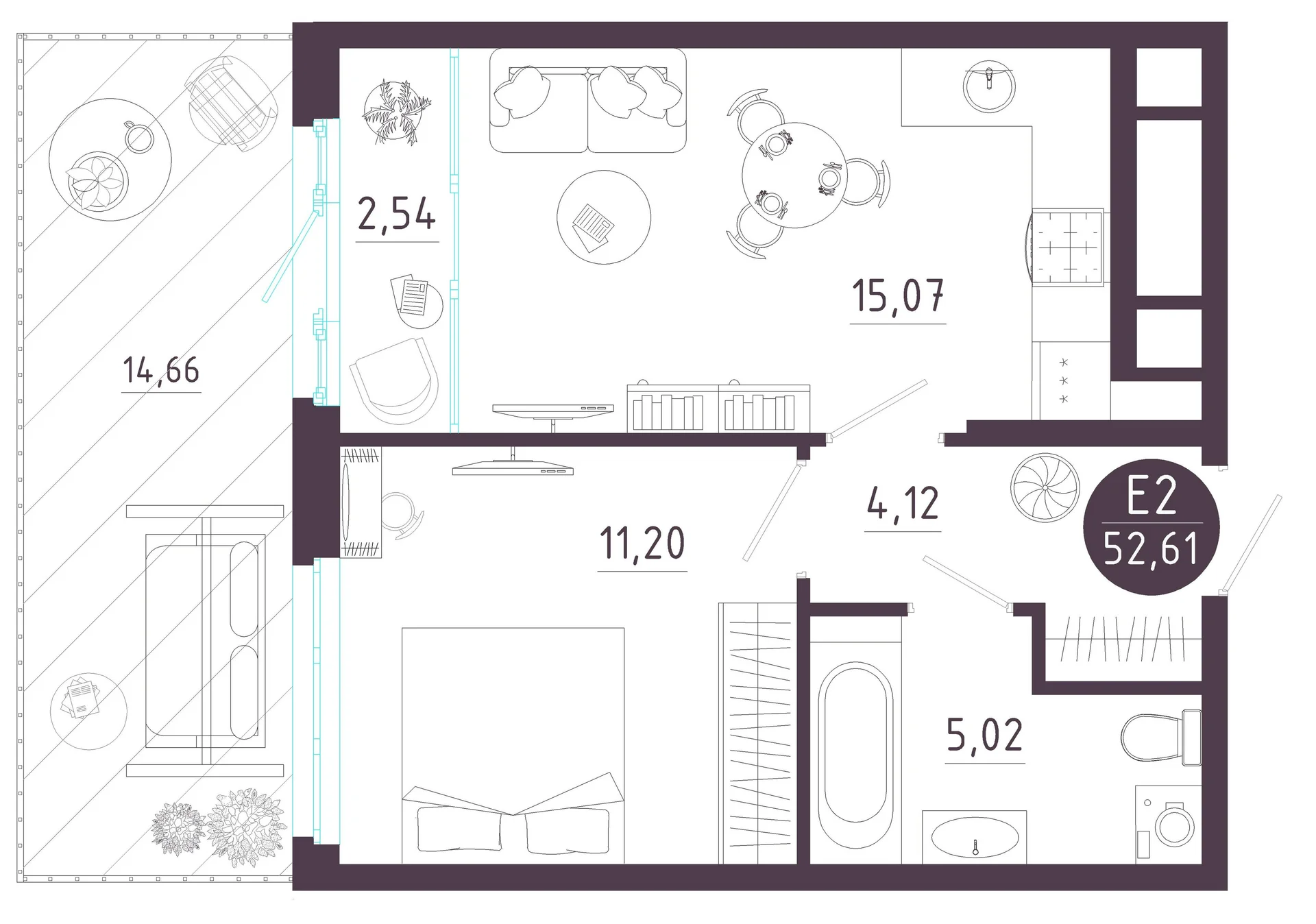 Планировка Квартира с одной спальней и гостиной 18 м² (Евро-2)