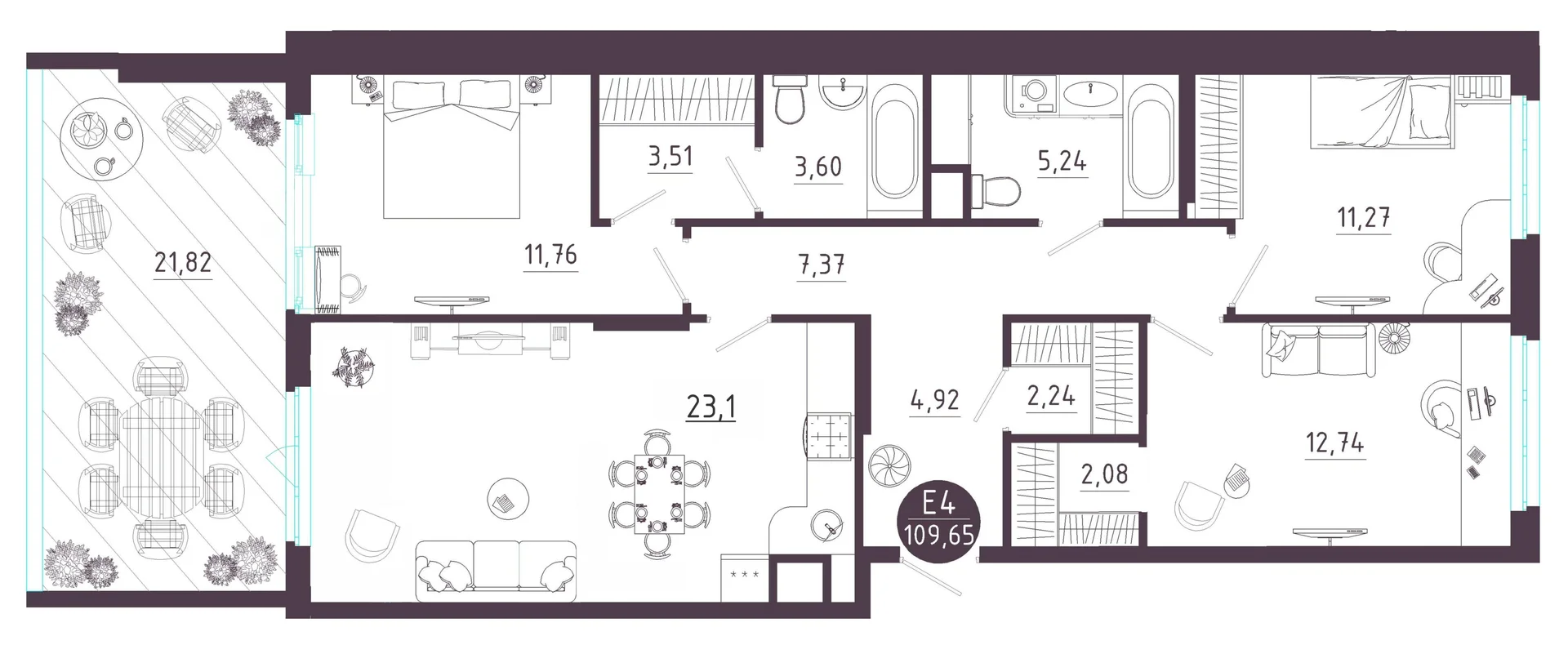 Планировка Квартира с тремя спальнями и гостиной 23 м² (Евро-4)