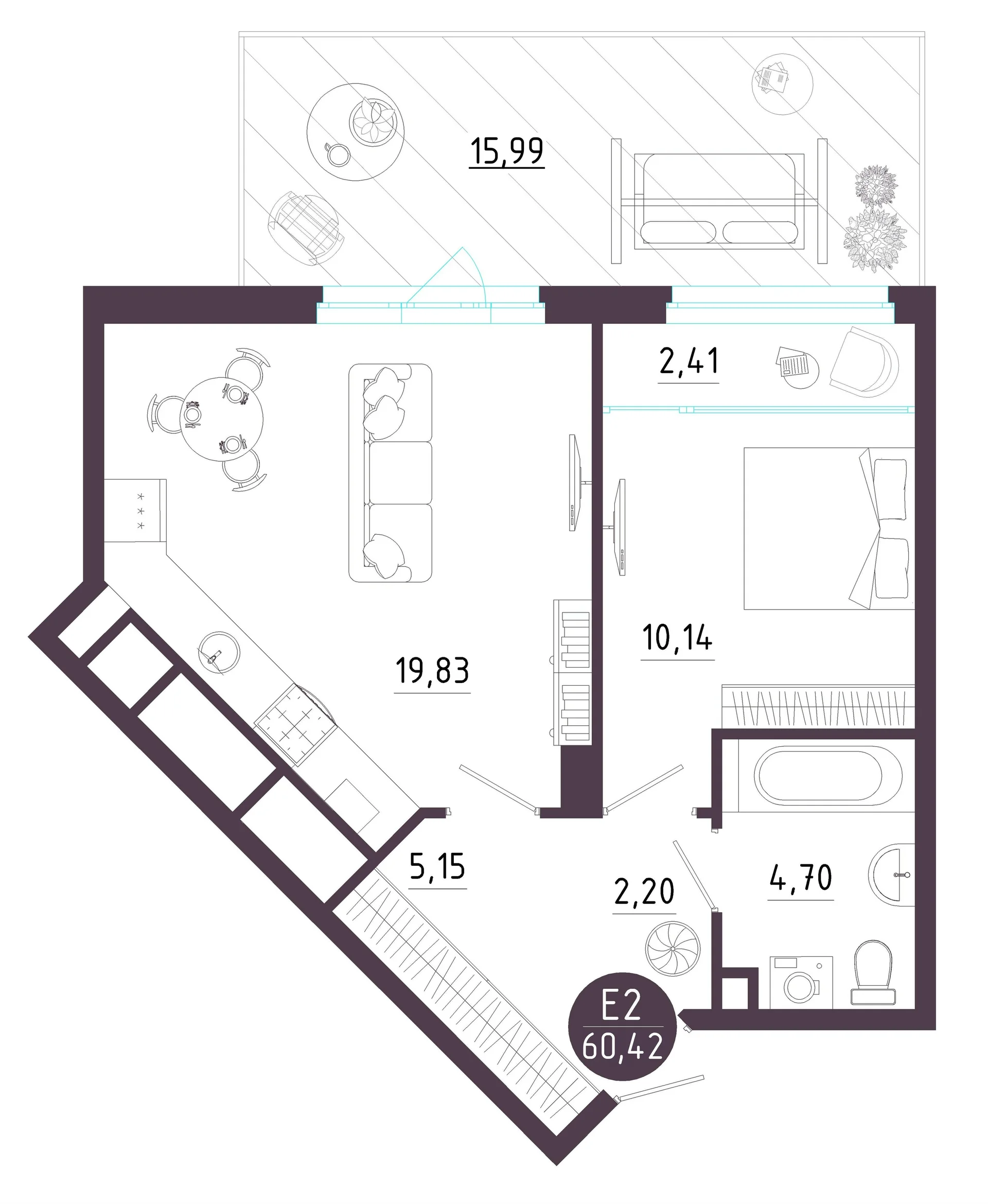 Планировка Квартира с одной спальней и гостиной 20 м² (Евро-2)