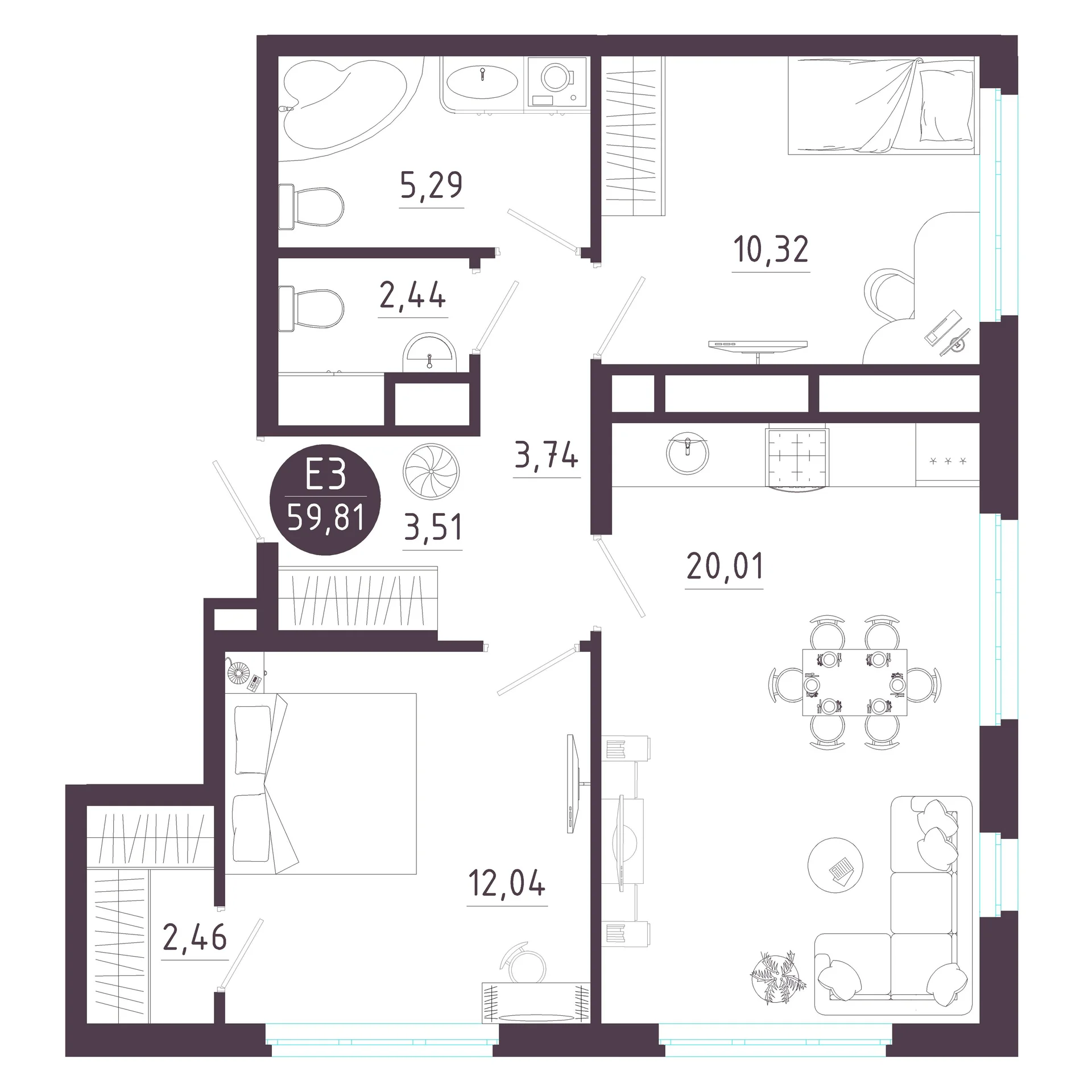 Планировка Квартира с двумя спальнями и гостиной 20 м² (Евро-3)